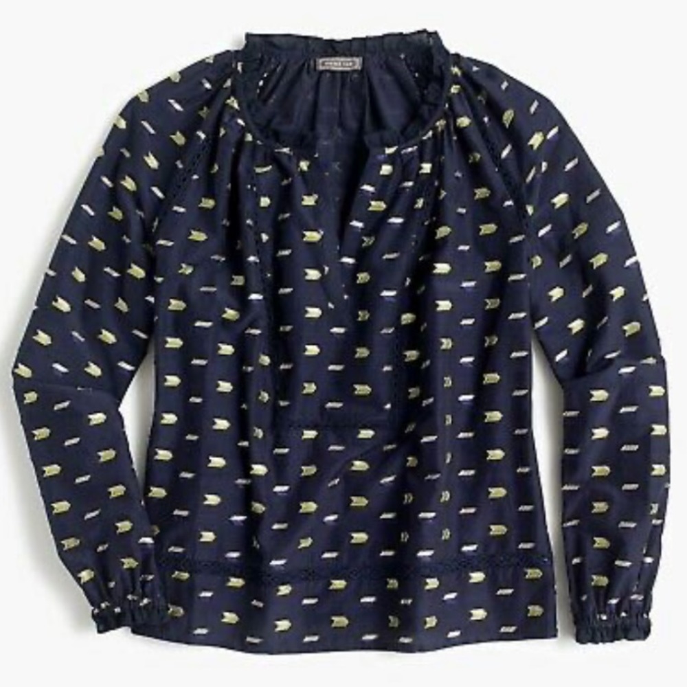 New J. Crew Point Sur Ruffle-neck Popover Metallic Clip Dot Blouse Size Medium